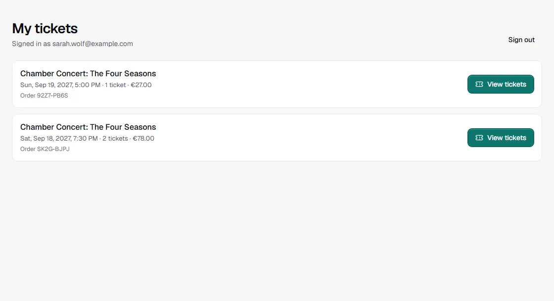My tickets page in the shop: signed in with an email address, below it two orders with event, date, number of tickets, amount and the View tickets button