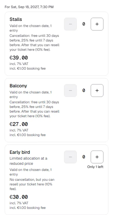 Ticket selection in the shop: below Stalls, Balcony and Early bird, one sentence says until when and for what fee buyers can cancel or resell