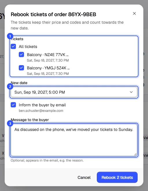 Rebook tickets dialog with both tickets selected, the new date on Sunday, the ticked box Inform the buyer by email and a message