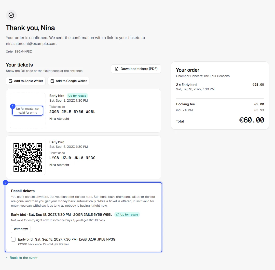 Order page in the shop with one ticket up for resale without a QR code, one valid ticket and the Resell tickets section with Withdraw and the amount after a sale