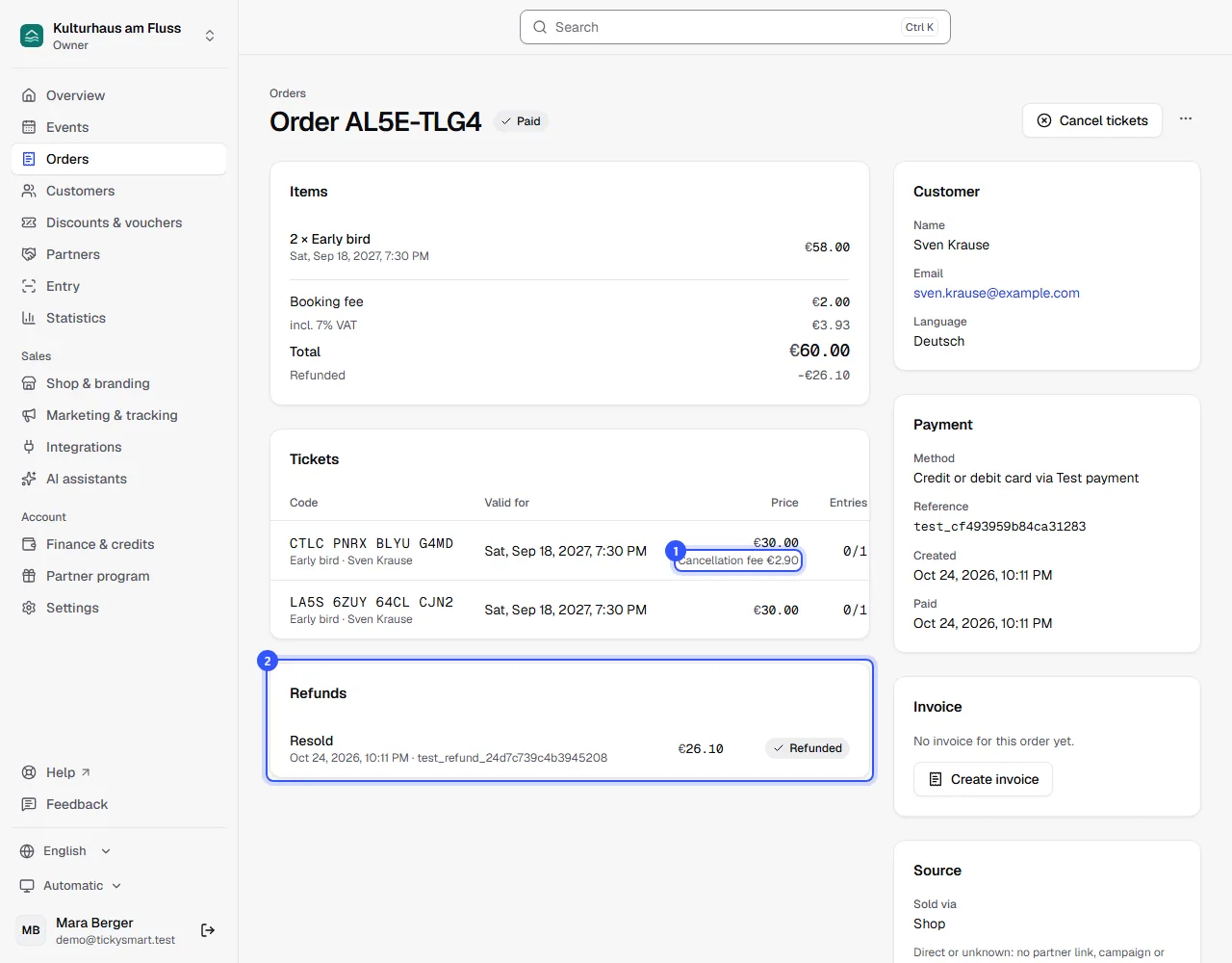 Order in the dashboard with one cancelled ticket and its cancellation fee, one valid ticket and the refund Resold