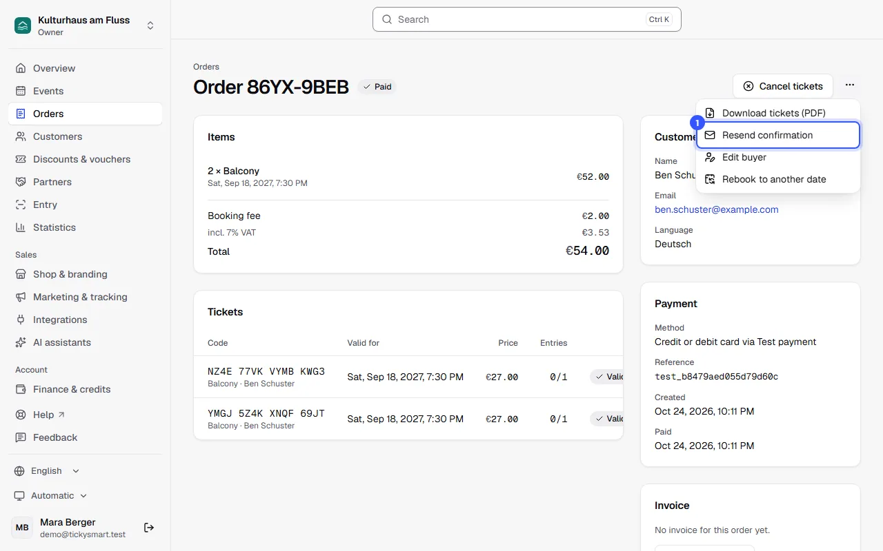 Order with the More actions menu open: Download tickets (PDF), Resend confirmation, Edit buyer and Rebook to another date