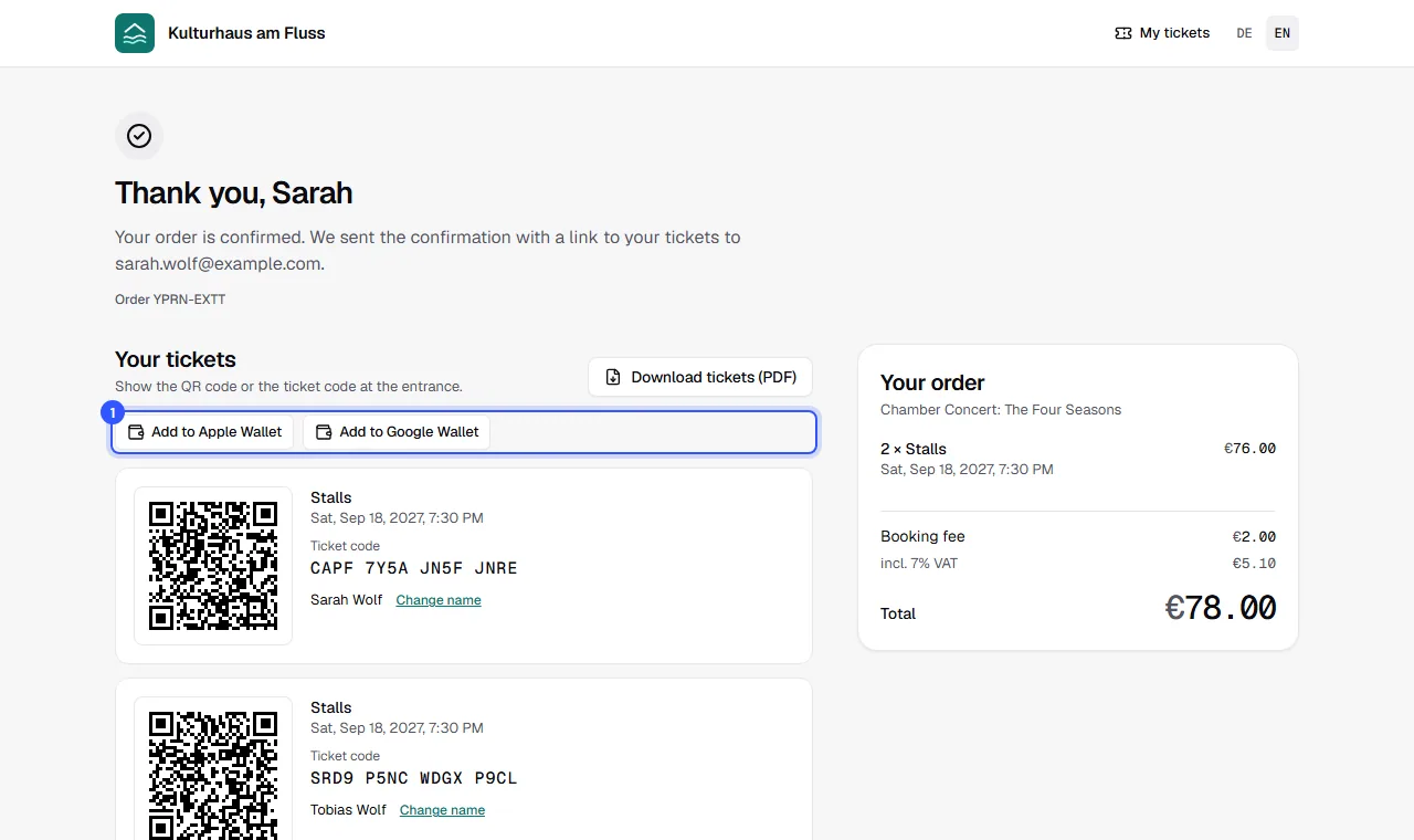 Order page in the shop with the Add to Apple Wallet and Add to Google Wallet buttons above the tickets