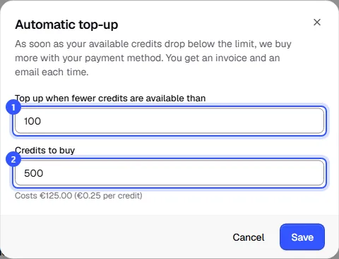 Automatic top-up dialog: top up when fewer than 100 credits are available, and buy 500 credits