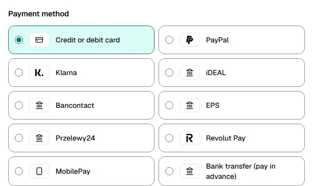 Checkout in the shop with the payment method choice: credit or debit card, PayPal, Klarna, iDEAL, Bancontact, EPS, Przelewy24, Revolut Pay, MobilePay and bank transfer