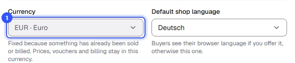 Currency field with EUR Euro and shop default language field, with the hints for both below