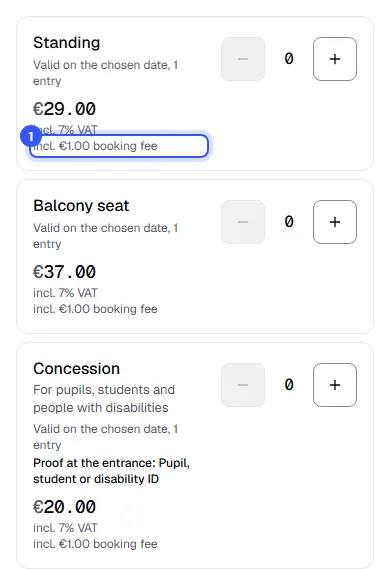 Ticket selection in the shop: standing ticket for 29.00 euros, with 7 percent VAT included and a 1.00 euro booking fee included below it
