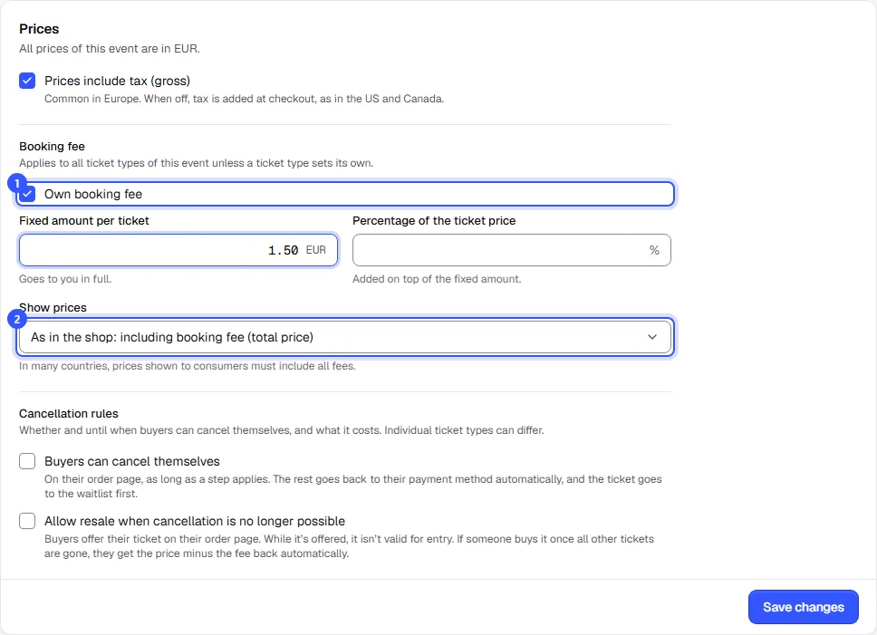 Prices card of an event with the Own booking fee checkbox ticked, a fixed amount of 1.50 euro and the Show prices picker