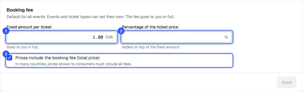 Booking fee card with a fixed amount of 1.00 euro per ticket, an empty percentage field and the Prices include the booking fee checkbox