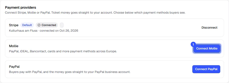 Payment providers with a connected Stripe account and the Connect Mollie button
