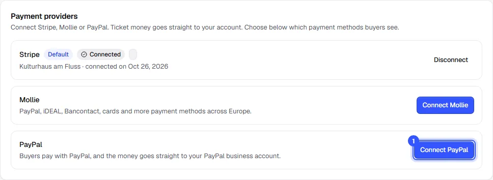 Payment providers with Stripe, Mollie and PayPal, the Connect PayPal button highlighted