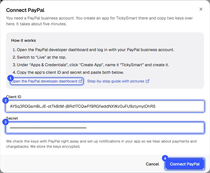 Connect PayPal window with short instructions, a link to the PayPal developer dashboard, the Client ID and Secret fields and the Connect PayPal button