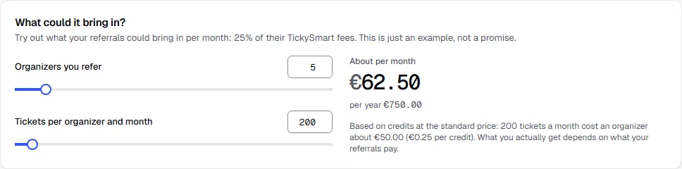 What could it bring in calculator with the Organizers referred and Tickets per organizer and month sliders and the amount per month