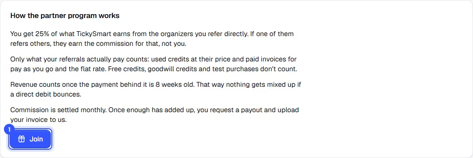 How the partner program works card with the rules and the Join button
