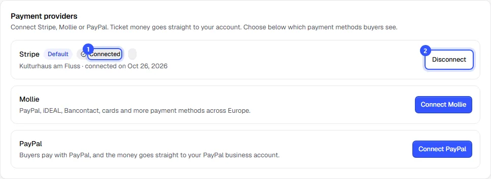 Payment providers: Stripe as default and connected with the Disconnect button, below it Mollie with the Connect Mollie button
