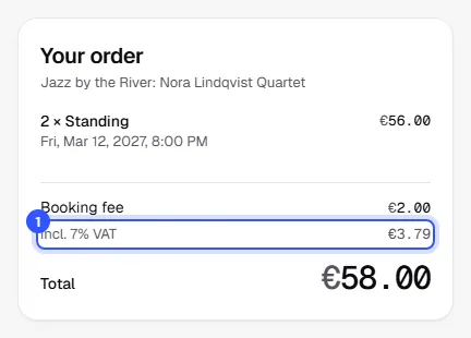 Order summary at checkout: 2 standing tickets, booking fee 2.00 euros, below it 7 percent VAT included at 3.79 euros and a total of 58.00 euros