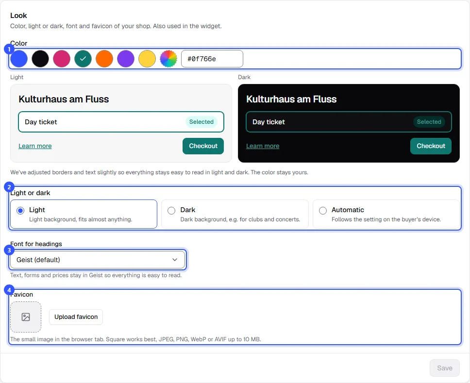 Design card with color suggestions, light and dark preview, the choice of light, dark or automatic, heading font and favicon