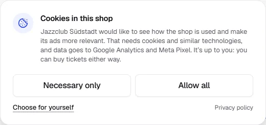 Cookie banner in the Jazzclub shop naming Google Analytics and Meta Pixel, with the buttons Necessary only and Allow all