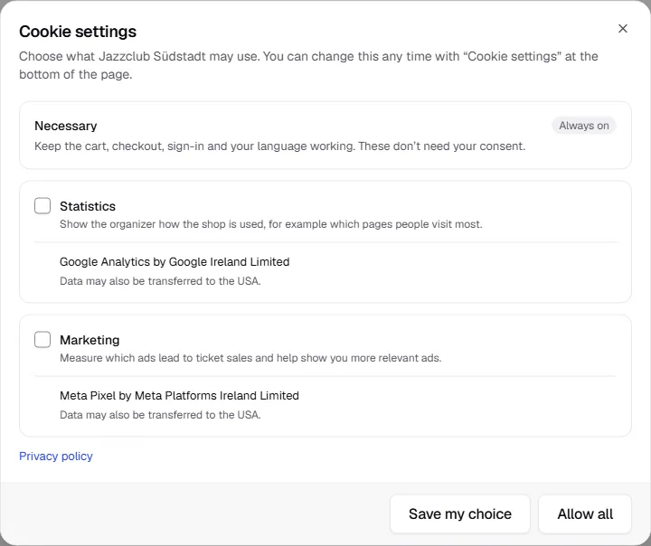 Cookie settings with the categories Necessary, Statistics with Google Analytics and Marketing with Meta Pixel