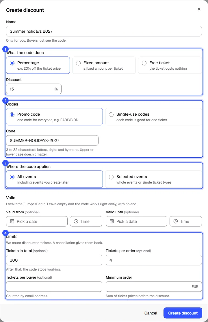 Create discount dialog with name, 15 percent off, promo code, event selection, period and limits
