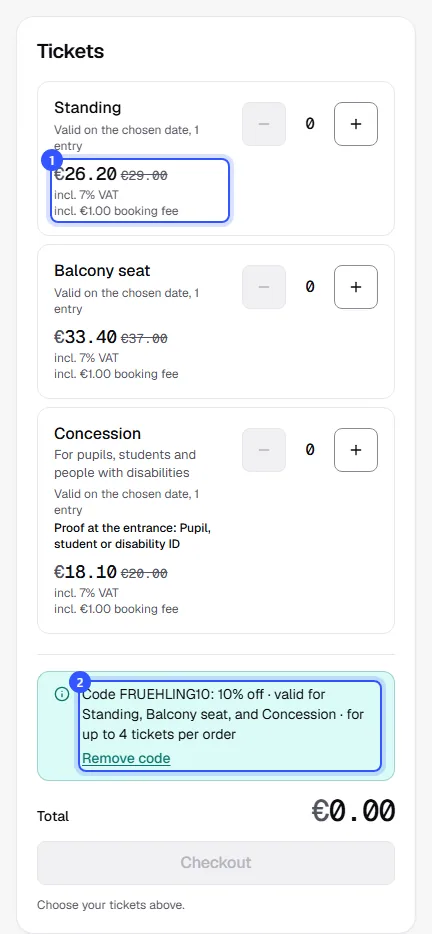 Ticket selection in the shop with the redeemed code, reduced prices and the old prices struck through