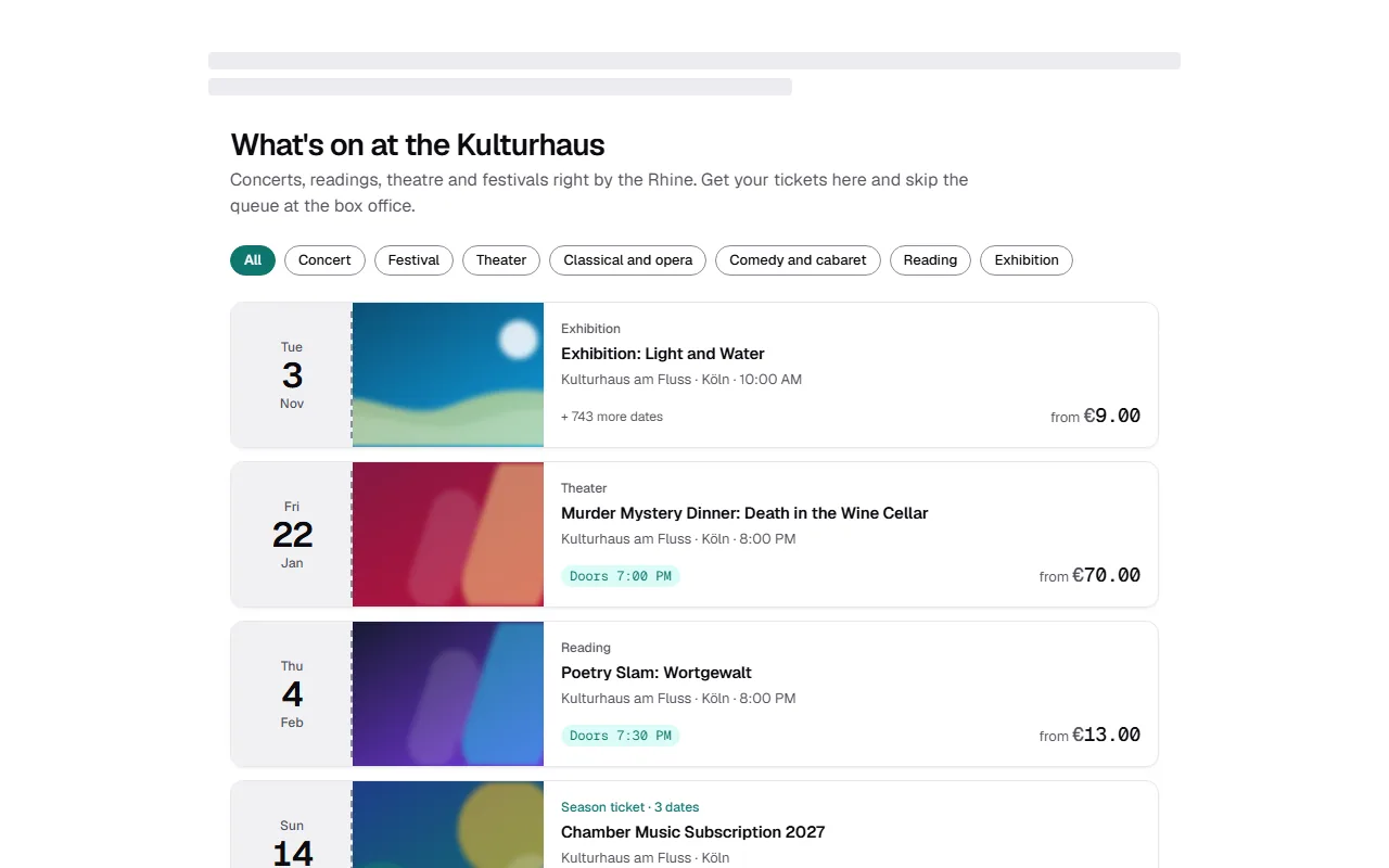 Sample page with the widget: the Kulturhaus headline, category filter and the upcoming events with date and price