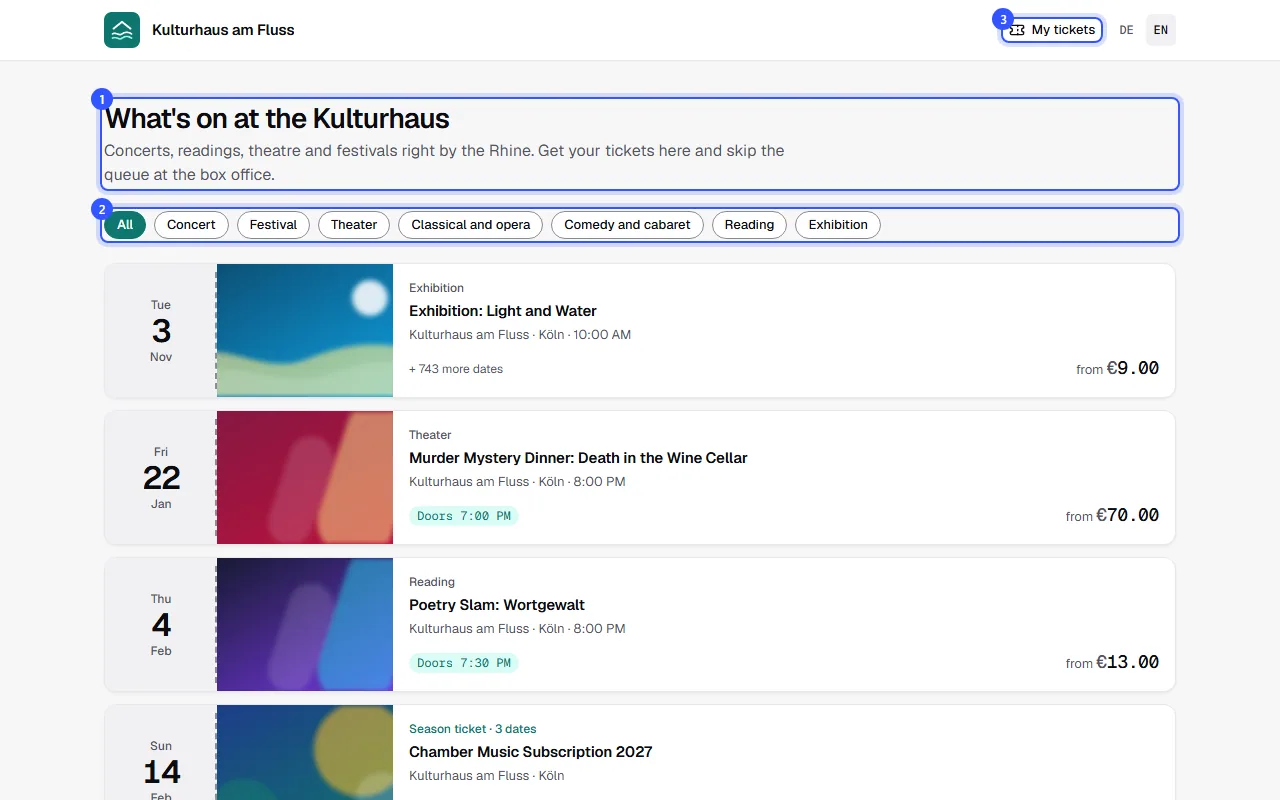 Shop home page with headline and introduction, category filter, the list of events and the My tickets link at the top