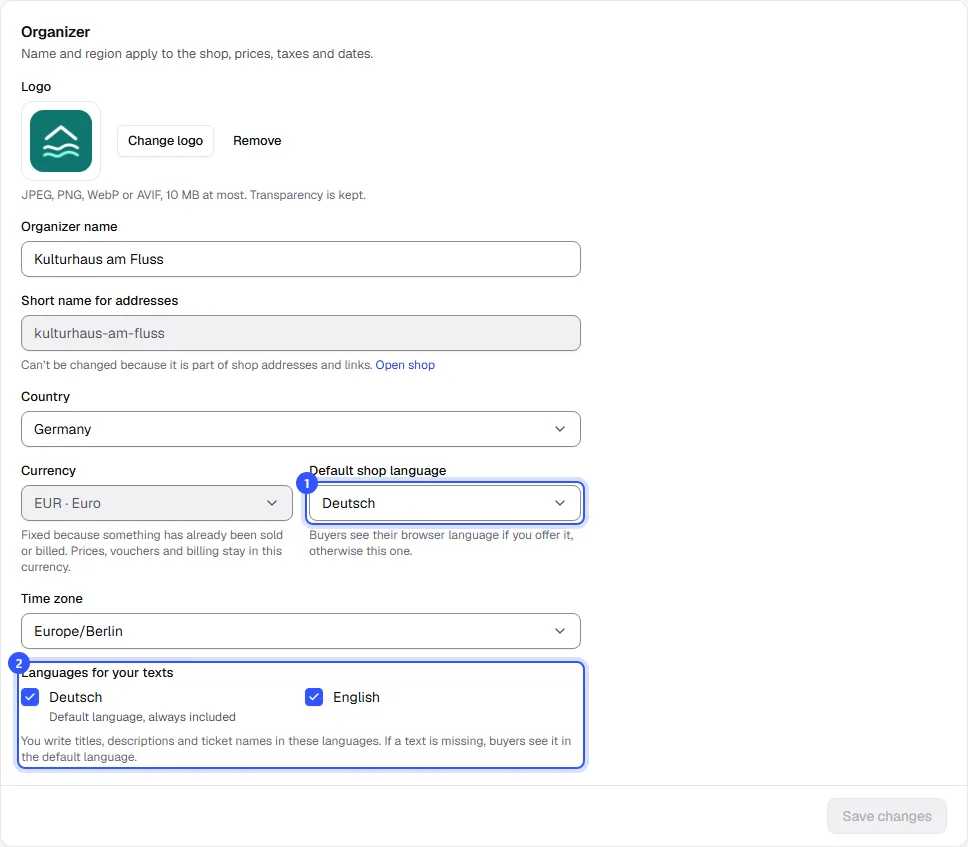 General settings with the shop's default language and the content languages selection