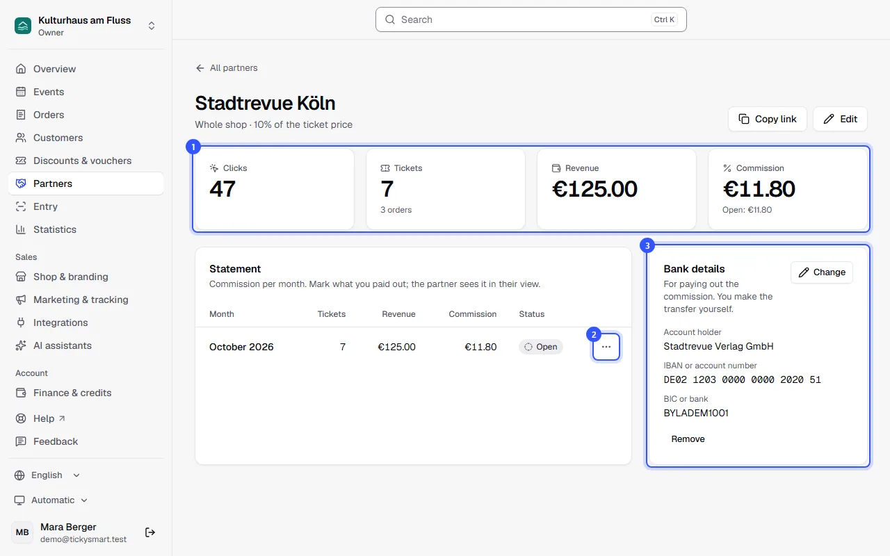Page of the partner Stadtrevue Köln with clicks, tickets, revenue and commission, the October statement marked open and the bank details