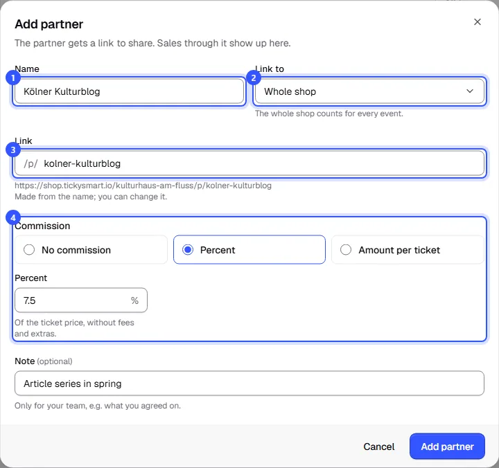 Create partner dialog with the name Kölner Kulturblog, the whole shop as target, the link with a preview of the address, 7.5 percent commission and a note