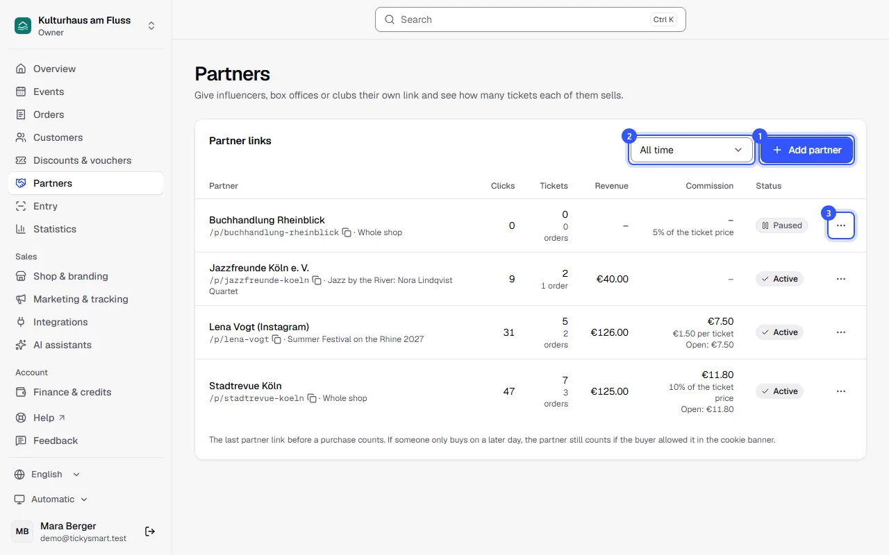 List of partner links with clicks, tickets, revenue, commission and status, with the period selection and the Create partner button above