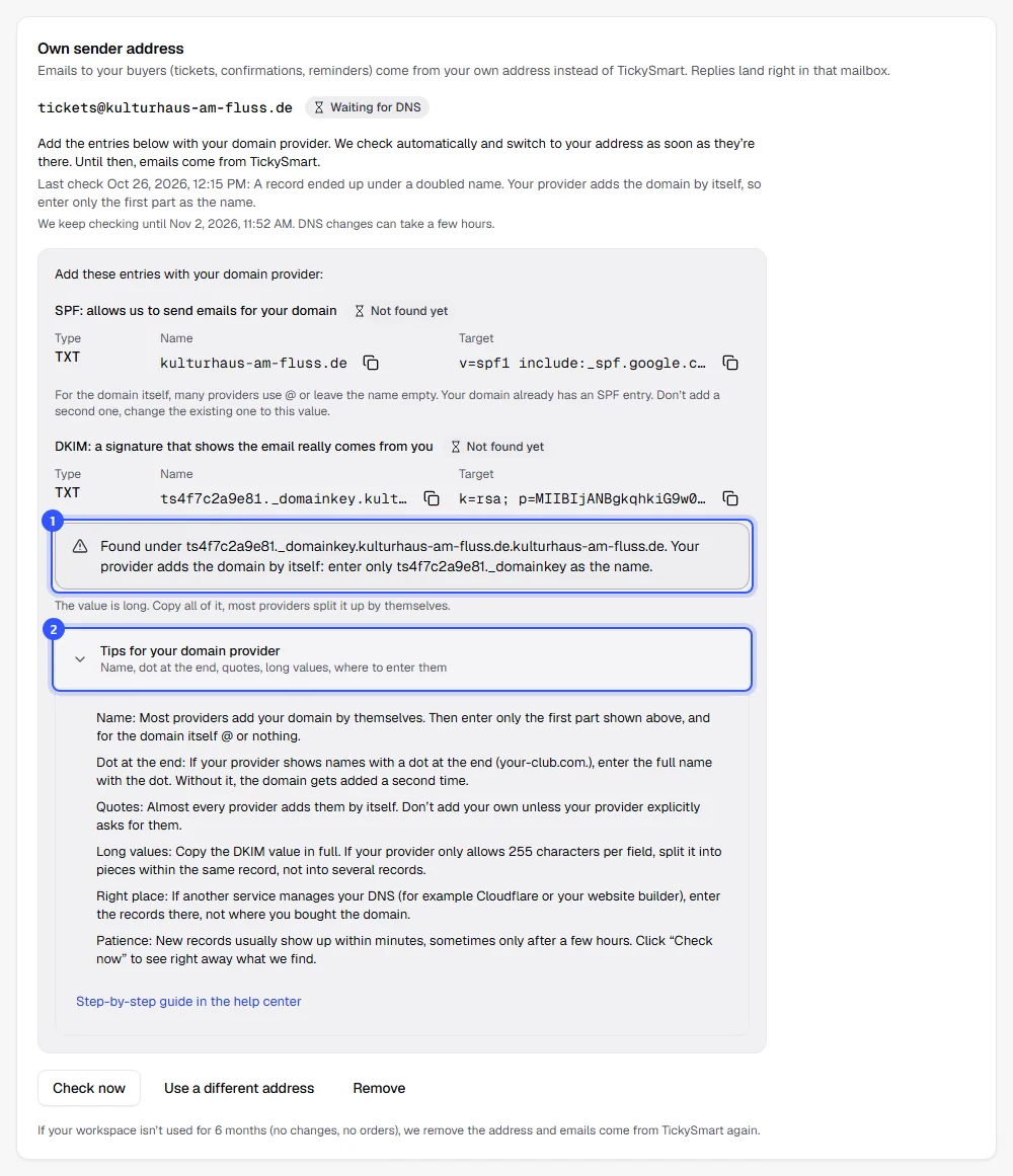 DKIM record with the hint that it was found under ts4f7c2a9e81._domainkey.kulturhaus-am-fluss.de.kulturhaus-am-fluss.de and that only the first part should be entered as the name, below it the expanded tips for the domain provider