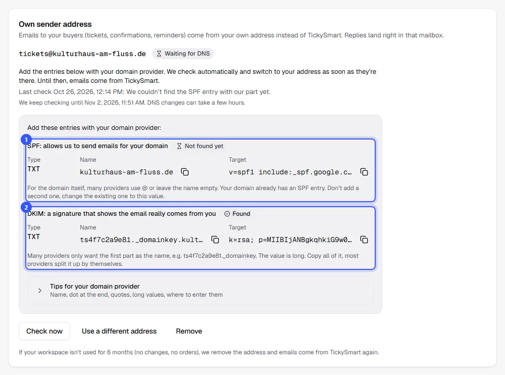 Address tickets@kulturhaus-am-fluss.de with the status Waiting for DNS, the SPF record that extends an existing one, and the DKIM record, both ready to copy