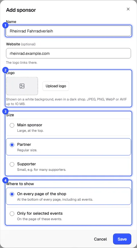 Add sponsor dialog with name, website, logo, the choice of size and whether the sponsor appears on every page or only for selected events