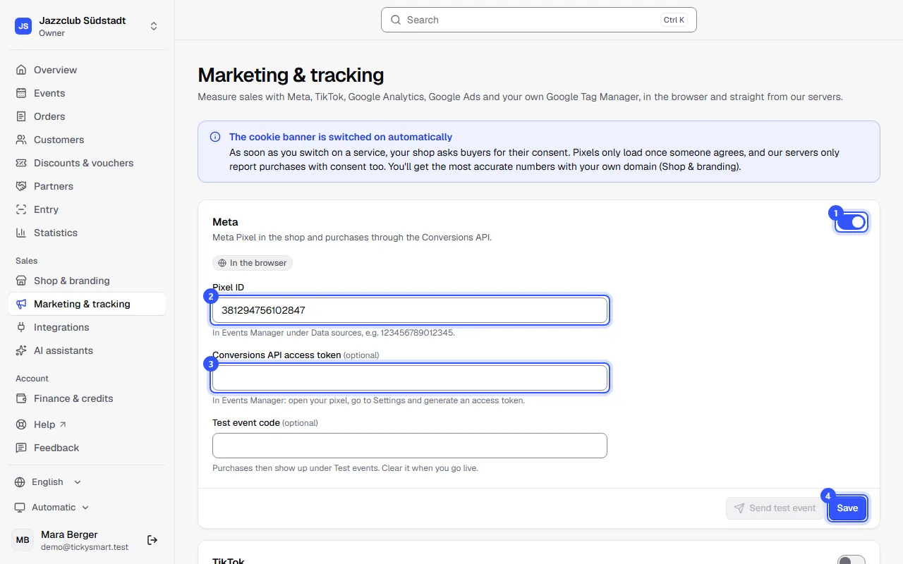 Marketing and tracking page with the note about the cookie banner and the Meta card switched on, with pixel ID, access token, test code and the Save button