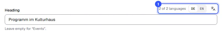 Headline text field with the language codes DE and EN, the counter 2 of 2 languages and the button for all languages