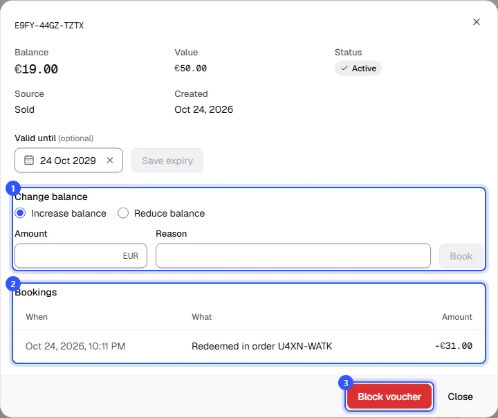 Open voucher with a remaining balance of 19 of 50 euros, expiry date, the change balance area, a redemption in an order and the Block voucher button