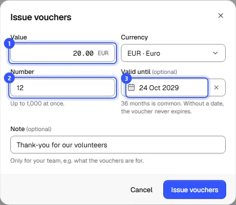 Issue vouchers dialog with a value of 20 euros, currency, quantity 12, expiry date and a note for the team