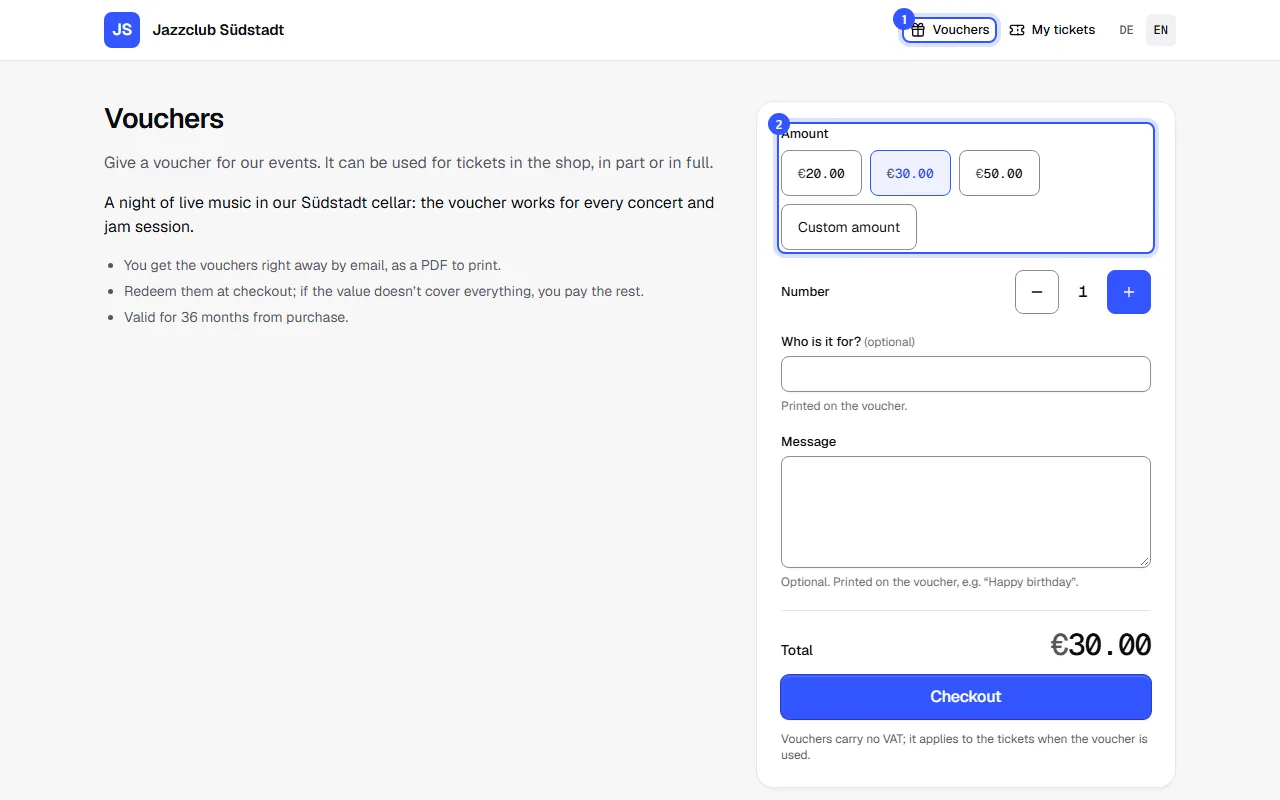 Vouchers page in the shop with fixed amounts, a custom amount, quantity, fields for recipient and message, and the Checkout button