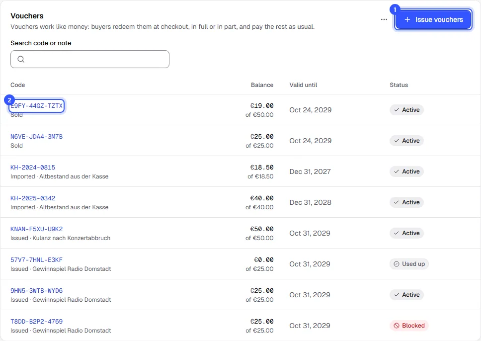 List of vouchers with code, source, remaining balance, expiry date and status, including sold, imported, issued, used up and blocked vouchers